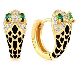 Gold and Black 925 Sterling  silver Hoop Earrings with Green Accents